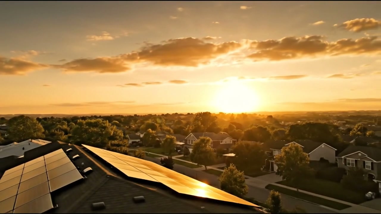 Casa com painéis solares instalados, iluminada pela luz do fim de tarde